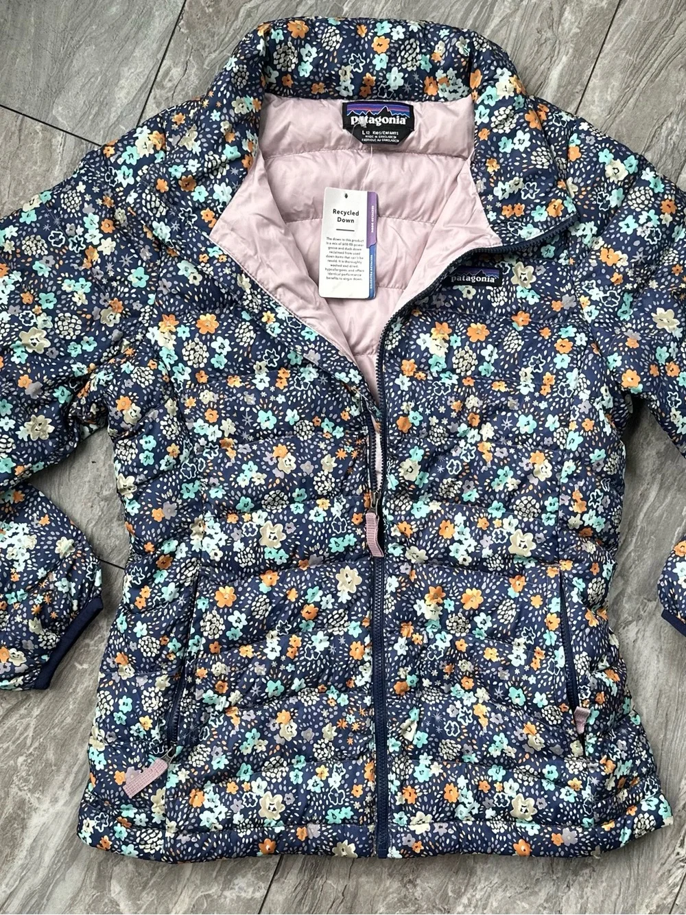 Pantagonia Girls Down Sweater Jacket L 12 Blue Floral 600 Fill Recycled Down